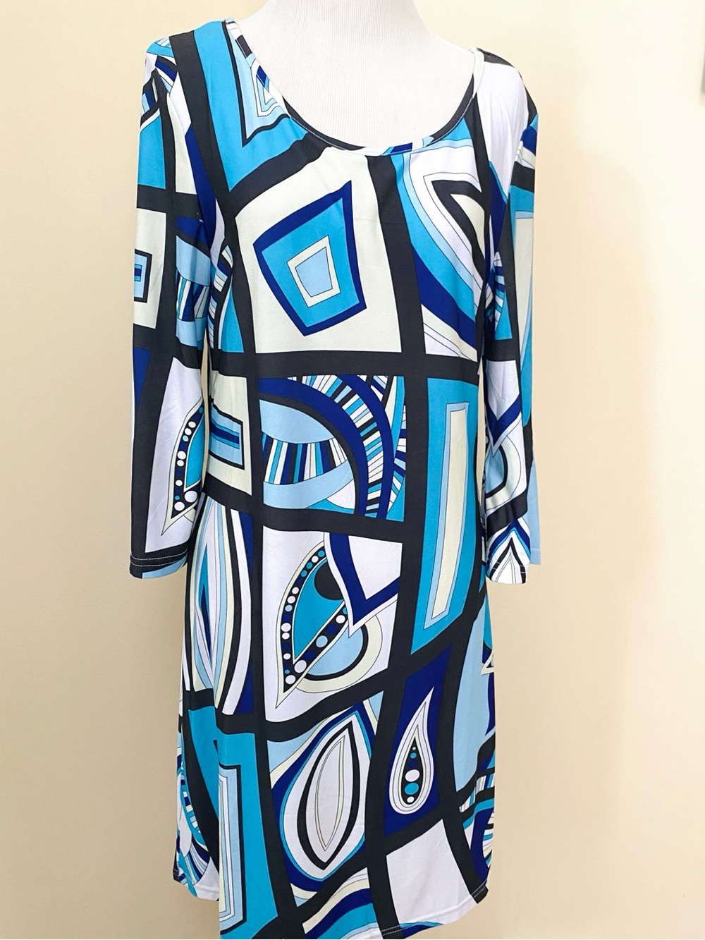 White Mark Blue White Geometric Abstract Shift Dress 1960’s Mod